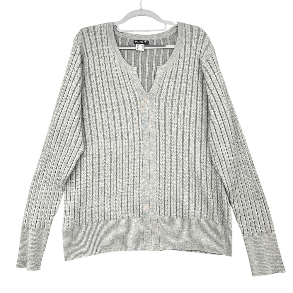 Venus Cable Knit Sweater Women 1X Rayon Nylon Gray Notched V-Neck Pullover